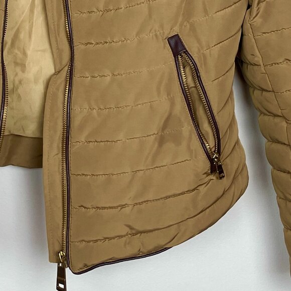 Zara Tan Quilted Puffer Jacket Faux Fur Hood Size L - Picture 5 of 9
